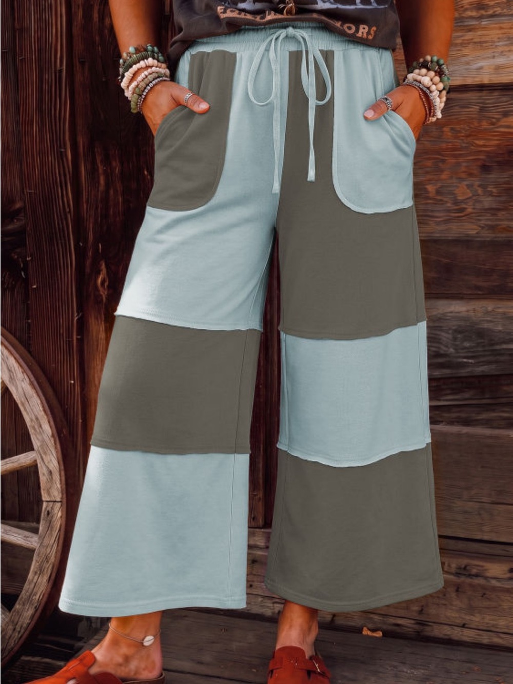 Colorblock Wide-Leg Drawstring Pants - Sage & Light Blue